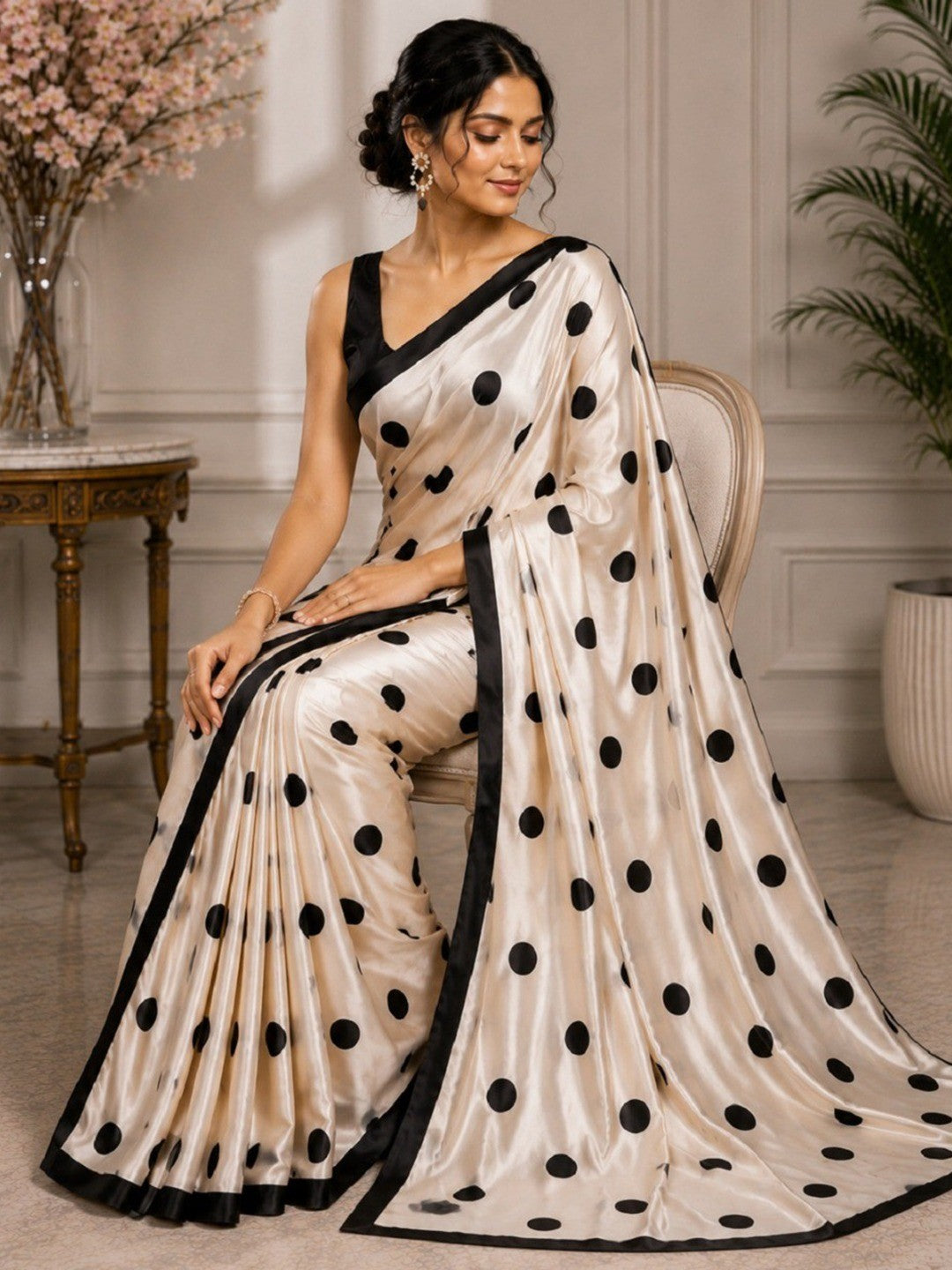 Classic Cream Polka Pattern Digital Printed Satin Saree for Timeless Elegance - Image 4