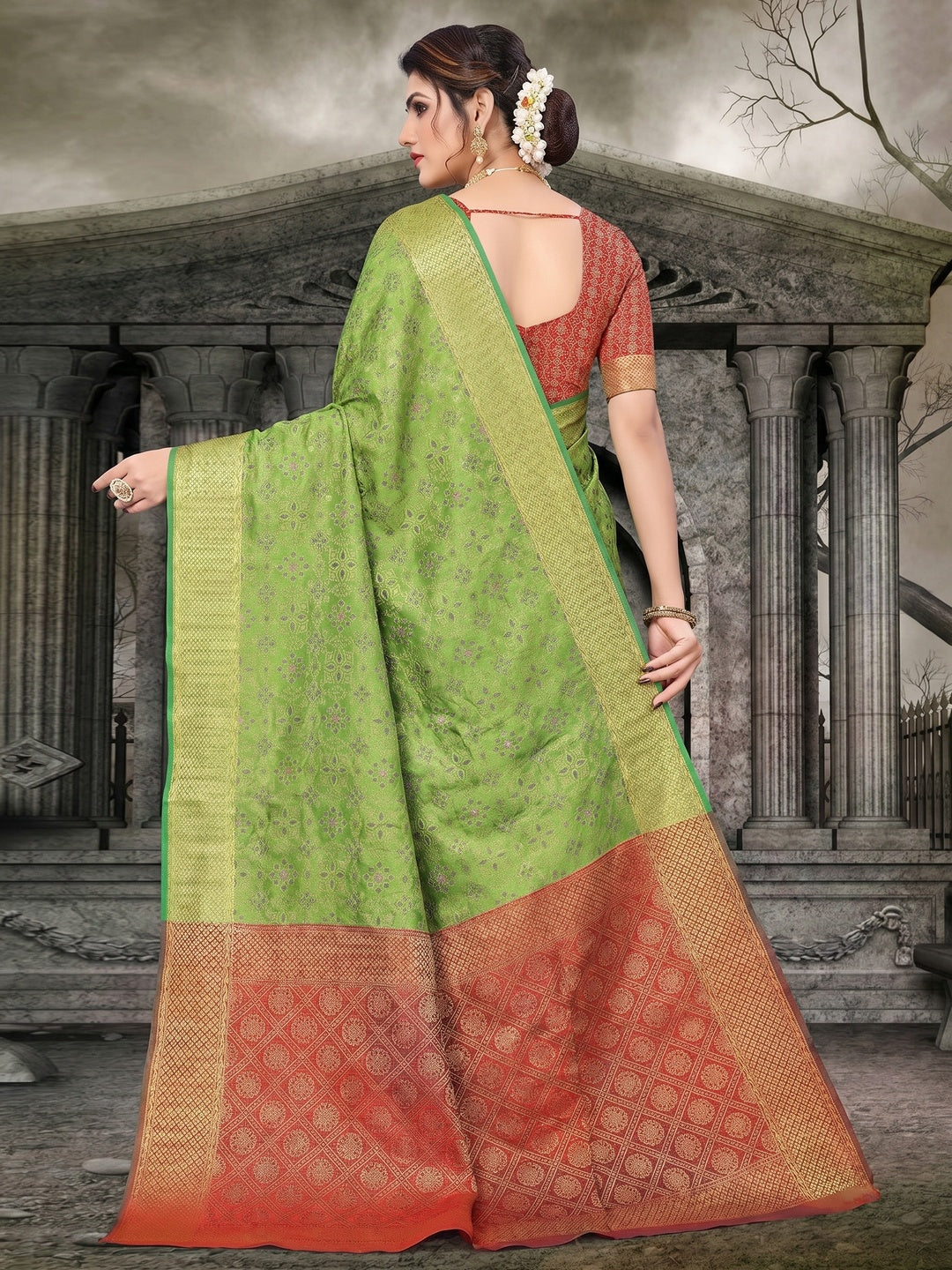 Parrot Green Woven Jacquard Saree - Image 1