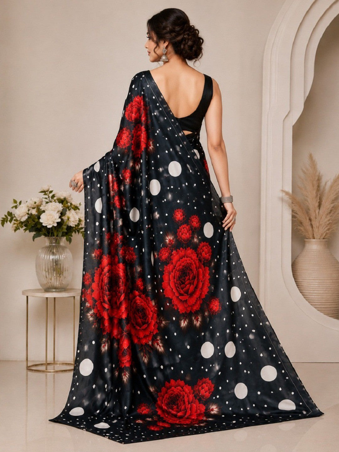 Graceful Cream Floral & Polka Dot Digital Printed Satin Saree with Artistic Print Work - Image 3