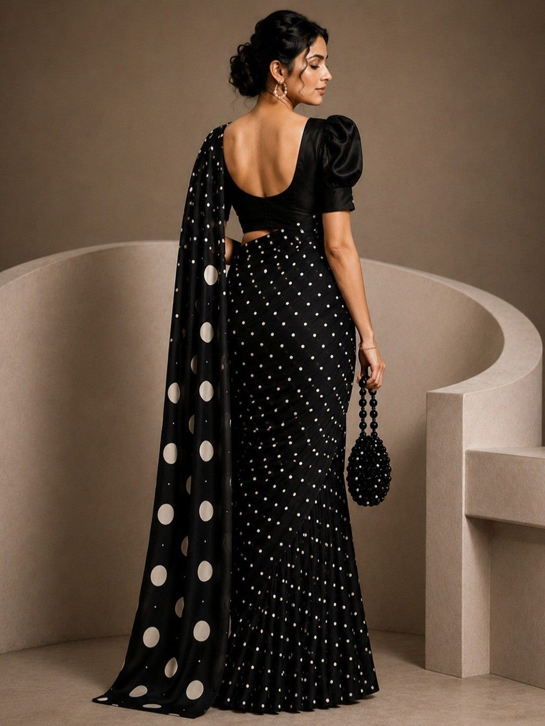 Sophisticated Black Polka Pattern Digital Printed Satin Saree With Premium Work - Image 3