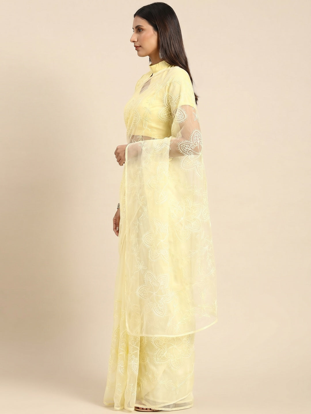 Yellow Floral Embroidered Net Saree - Image 1