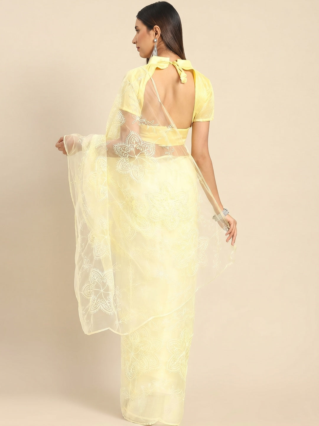 Yellow Floral Embroidered Net Saree - Image 2