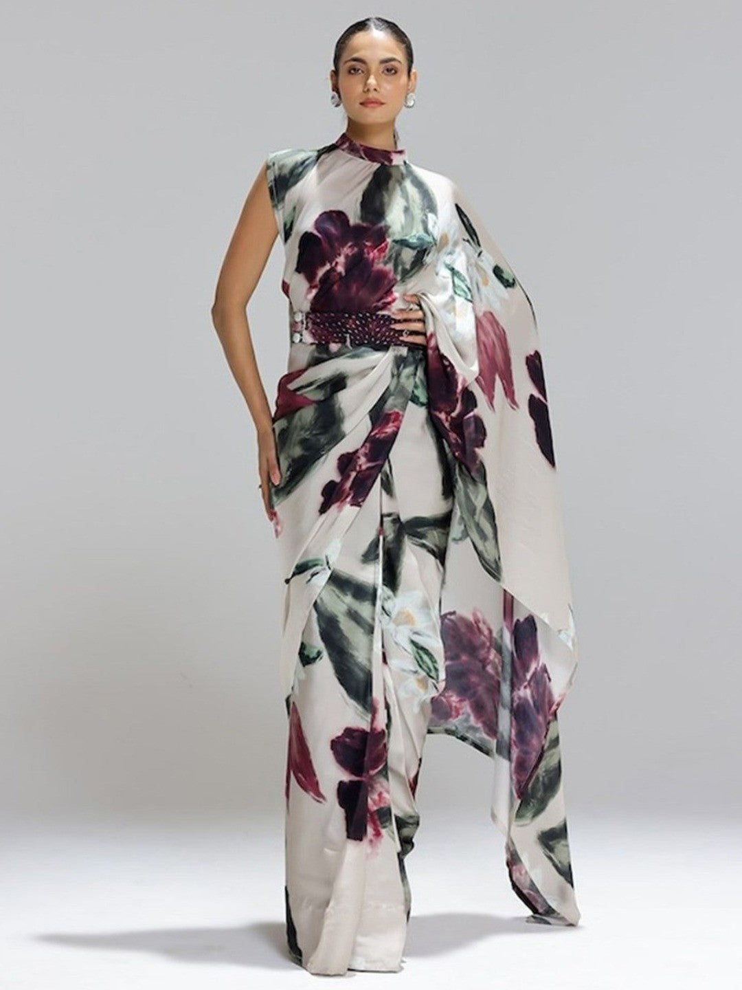 Vibrant Multicolor Floral Digital Printed Satin Saree with Artistic Print Work - Image 1