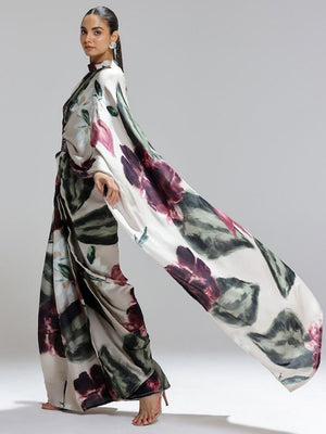Vibrant Multicolor Floral Digital Printed Satin Saree with Artistic Print Work - Image 2