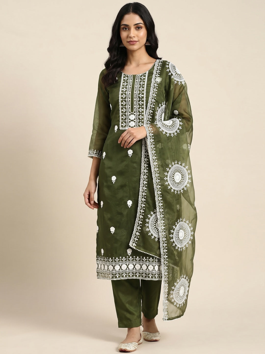 Mehendi Green Floral Embroidered Organza Dress Material - Image 1