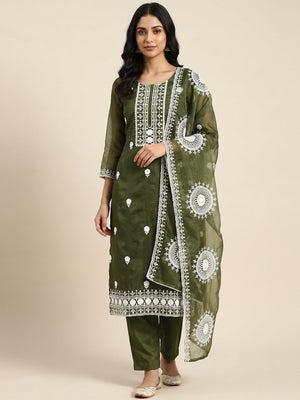 Mehendi Green Floral Embroidered Organza Dress Material - Image 1