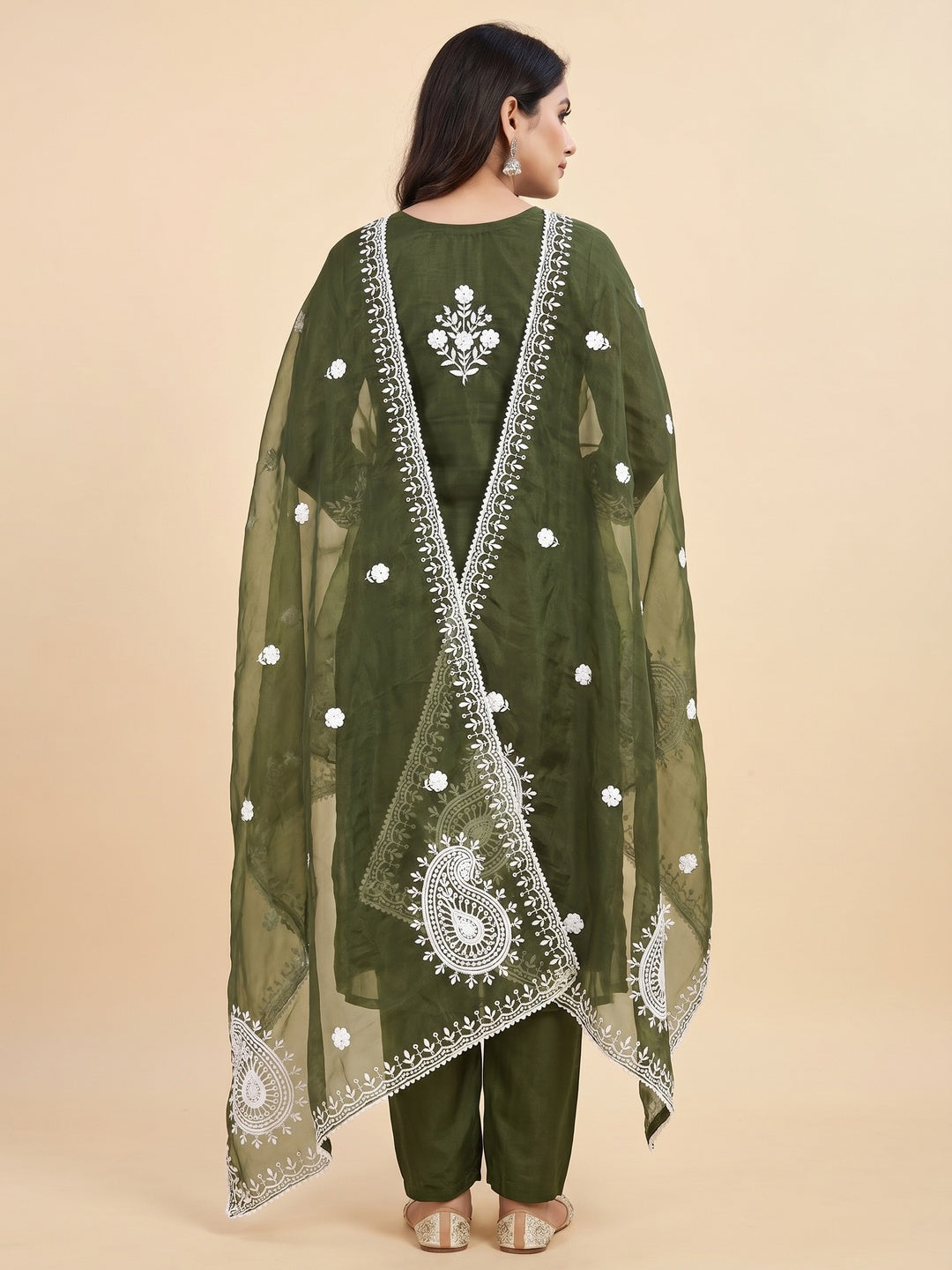 Mehendi Green Floral Embroidered Organza Dress Material - Image 3