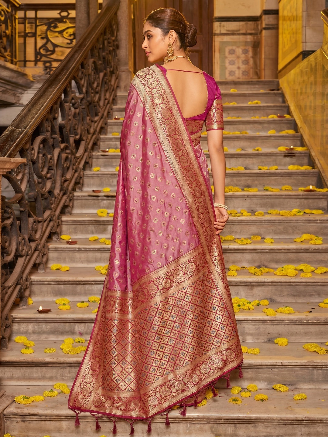 Pink Woven Banarasi Silk Saree With Tassels - Image 1