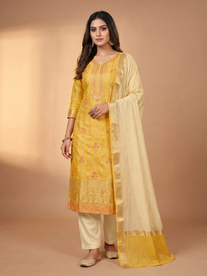 Yellow Floral Woven Chanderi Silk Dress Material - Image 1