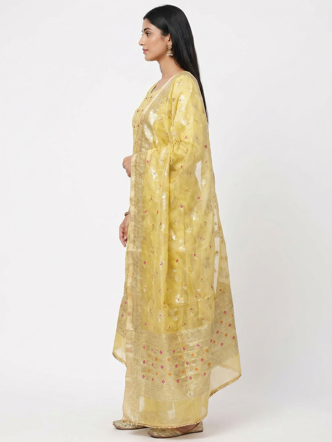 Yellow Floral Woven Chanderi Silk Dress Material - Image 3
