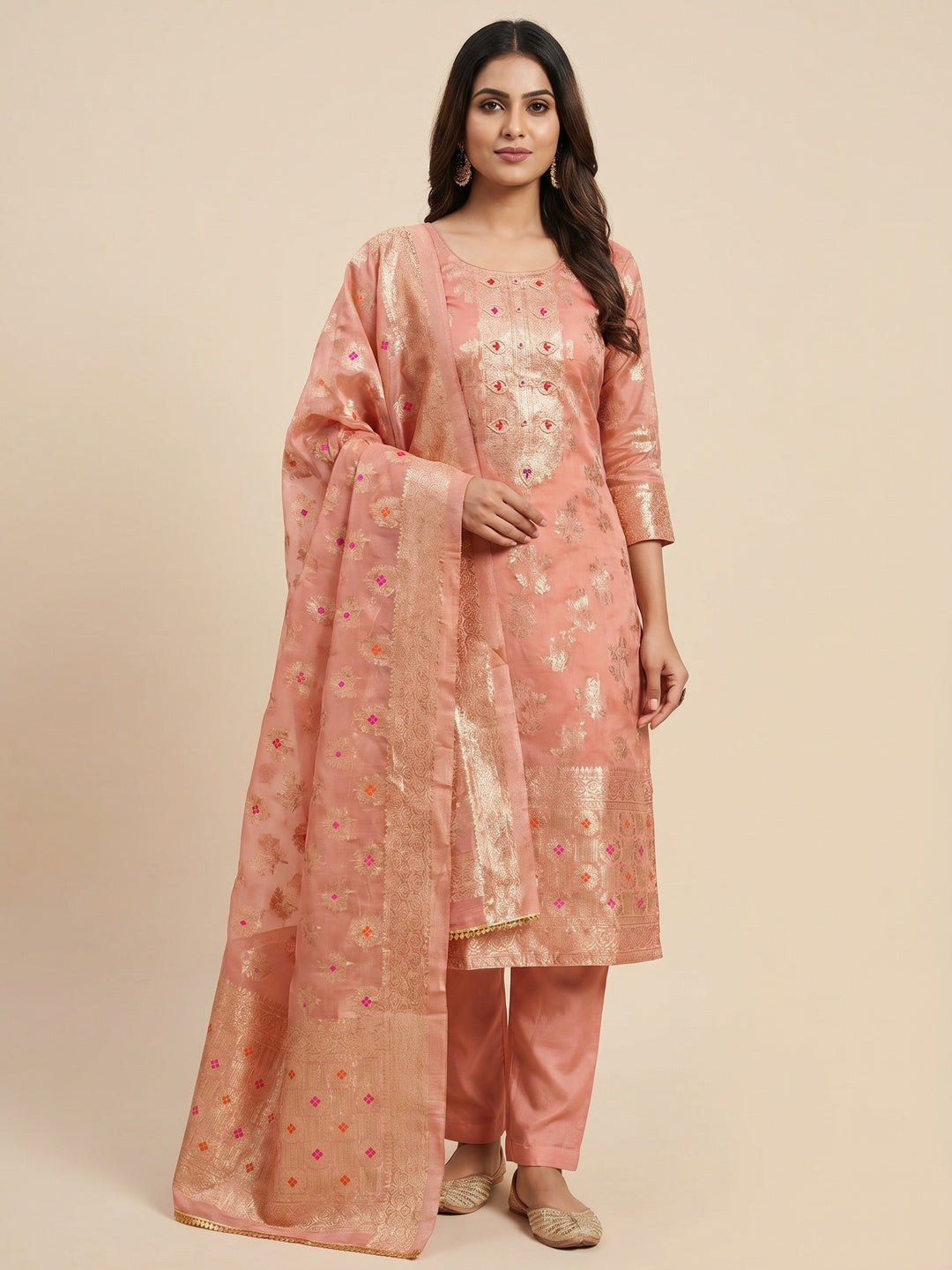 Peach Floral Woven Chanderi Silk Dress Material - Image 1