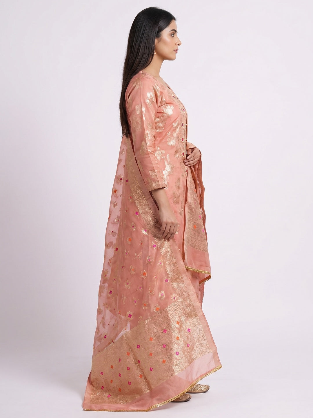 Peach Floral Woven Chanderi Silk Dress Material - Image 2