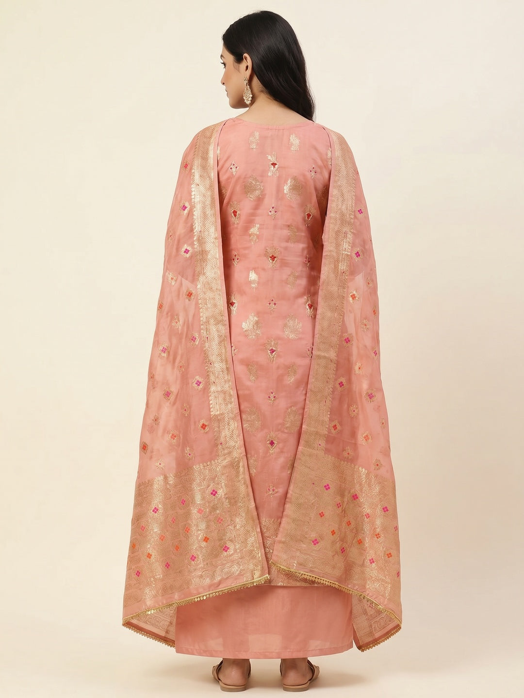 Peach Floral Woven Chanderi Silk Dress Material - Image 3