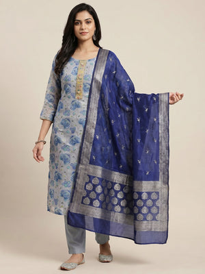Grey Floral Printed Organza Dress Material - Image 1