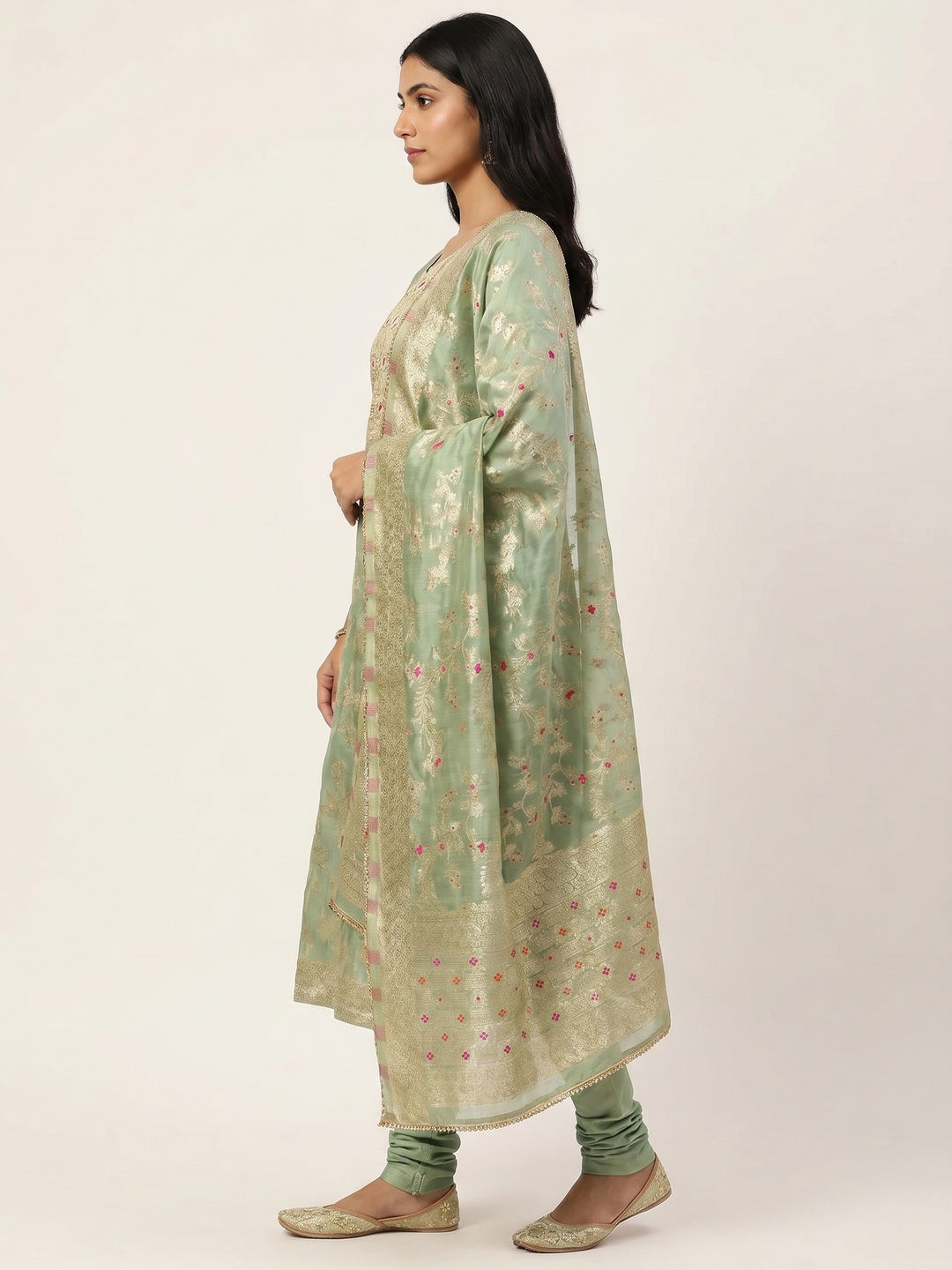 Green Floral Woven Chanderi Silk Dress Material - Image 3