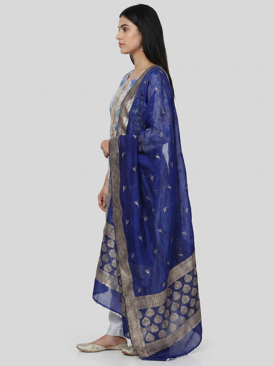 Grey Floral Printed Organza Dress Material - Image 3