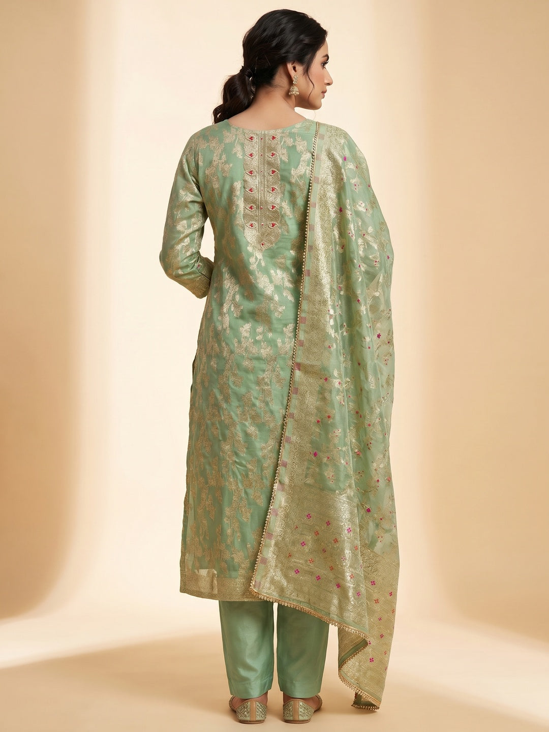 Green Floral Woven Chanderi Silk Dress Material - Image 2