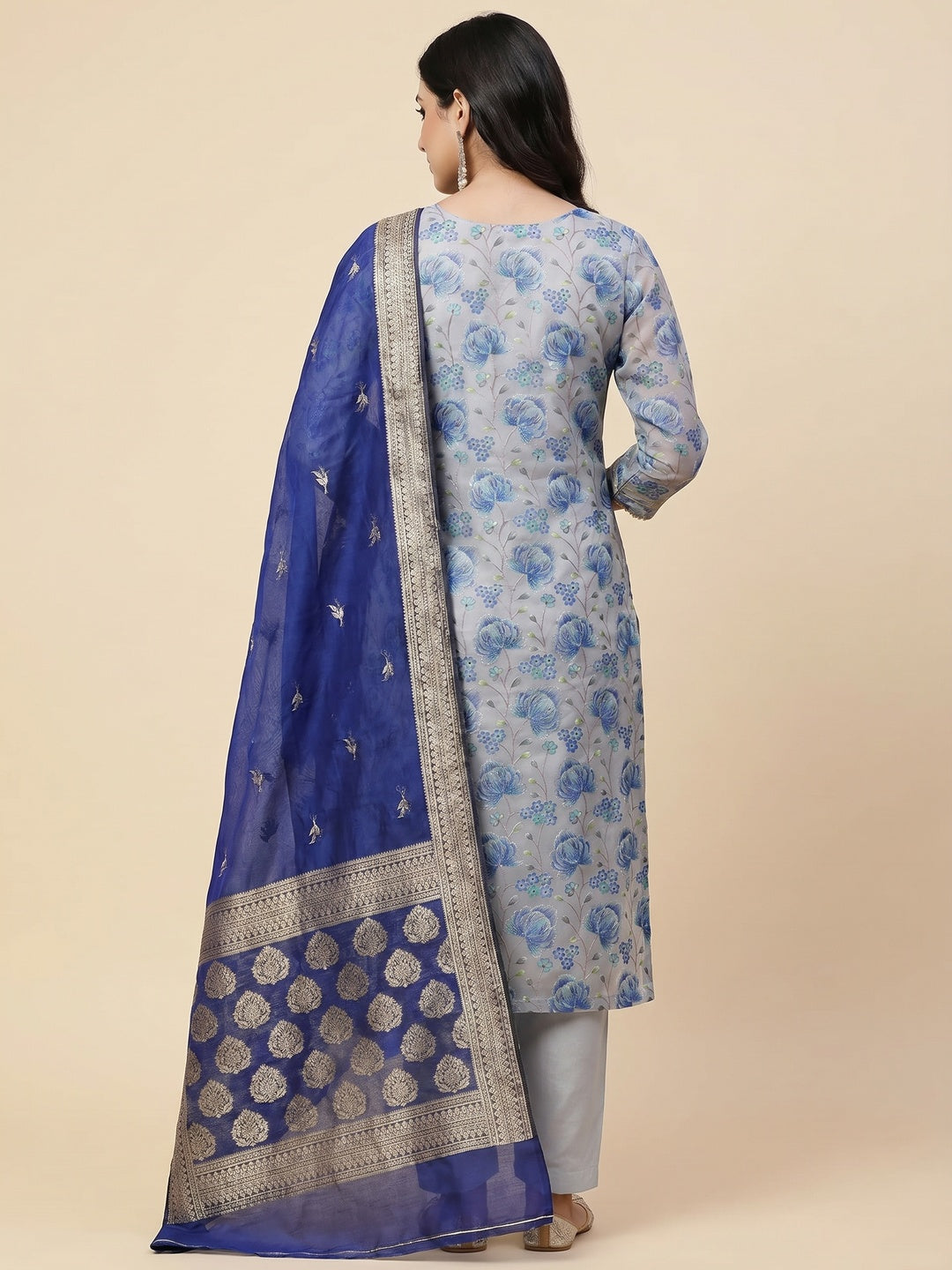 Grey Floral Printed Organza Dress Material - Image 2