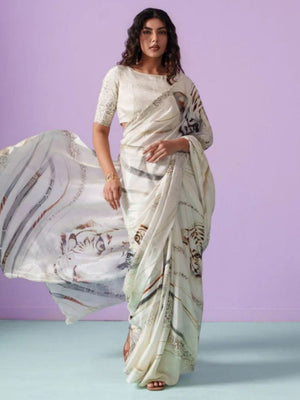 Elegant White Tiger Motif Digital Print Silk Crepe Saree With Designer Work - Image 1