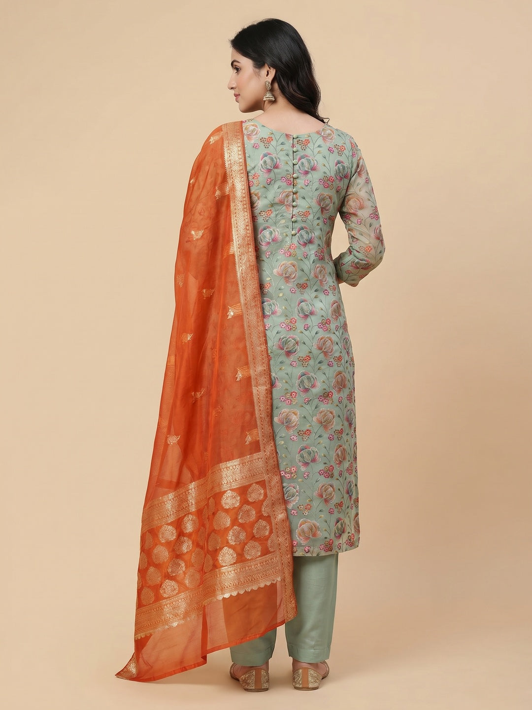 Sea Green Floral Printed Organza Dress Material - Image 2