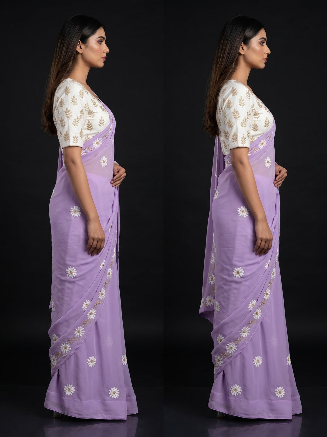 Lavender Floral Embroidered Georgette Saree - Image 3