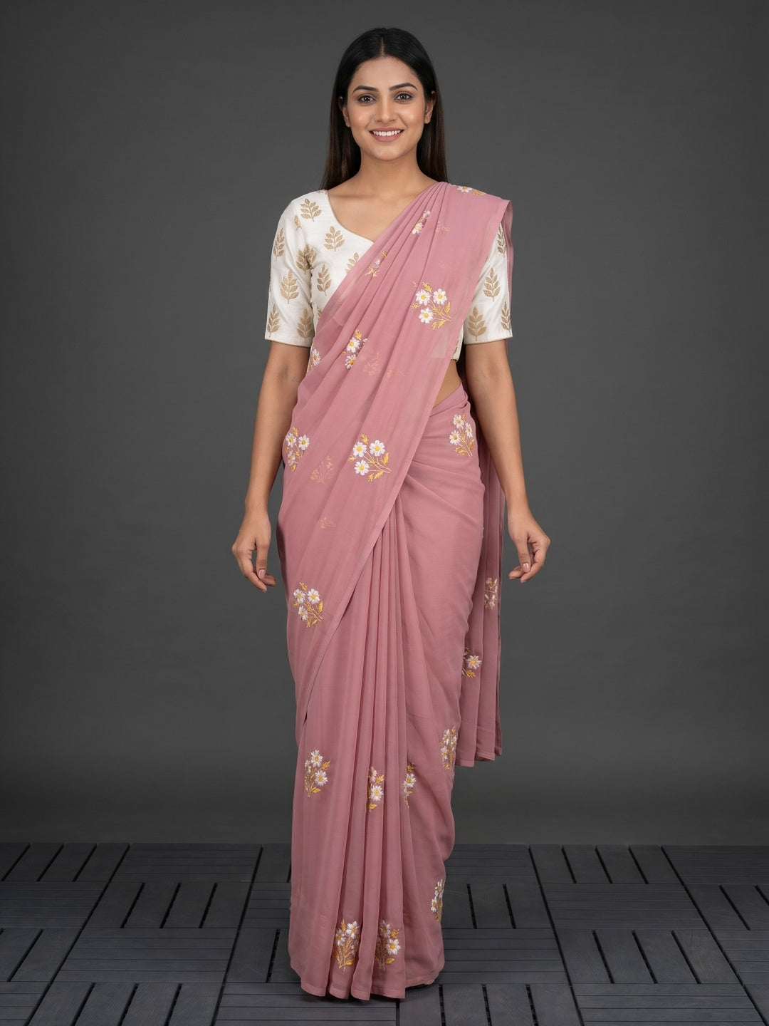 Dusty Pink Floral Embroidered Georgette Saree - Image 1