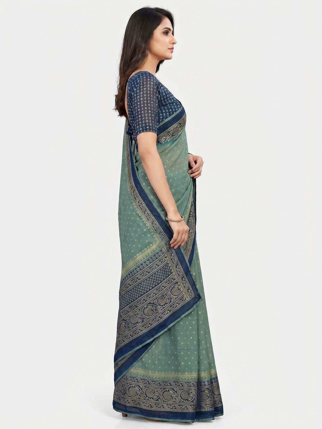 Dusty Green Foil Printed Georgette Saree - Image 3