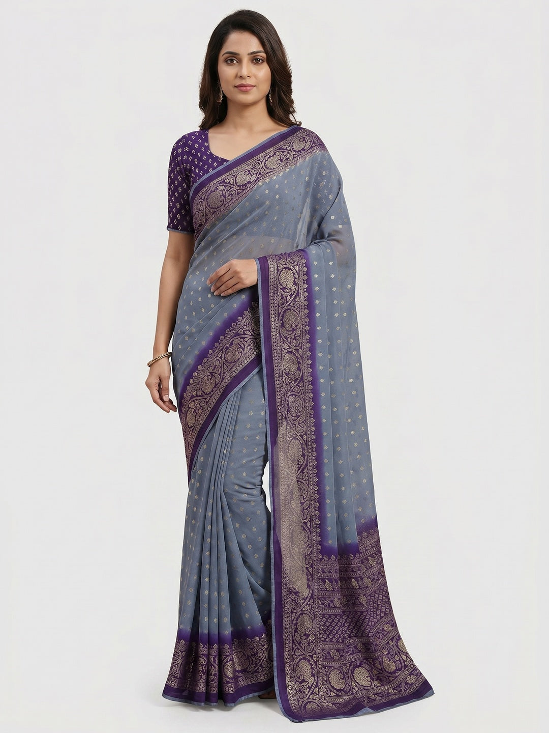 Grey Foil Printed Georgette Saree - Image 1