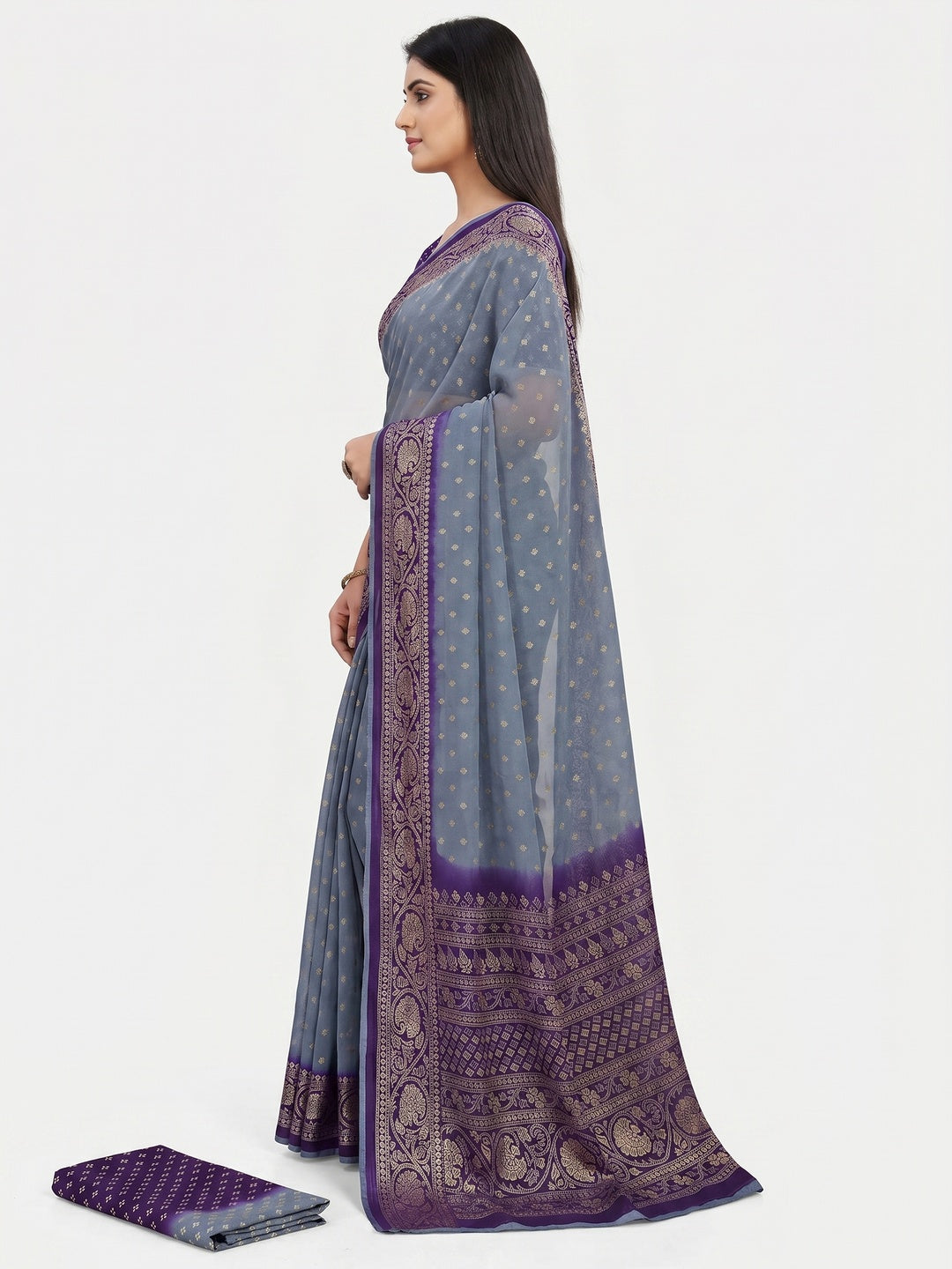 Grey Foil Printed Georgette Saree - Image 3