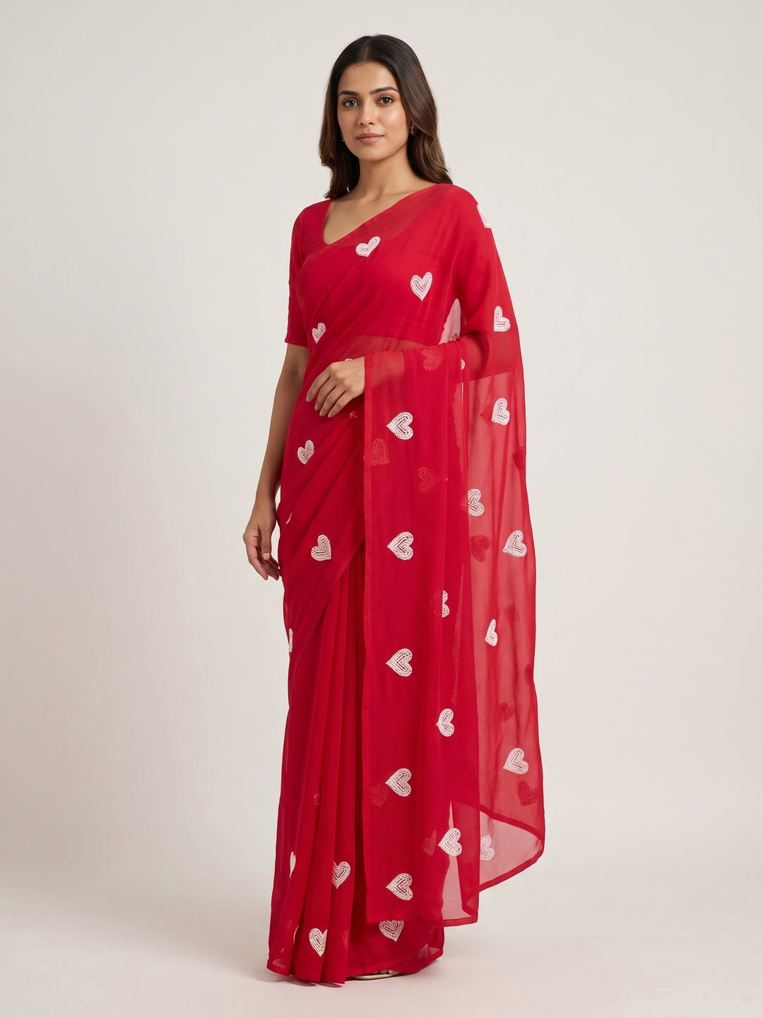 Red Embroidered Georgette Saree - Image 1