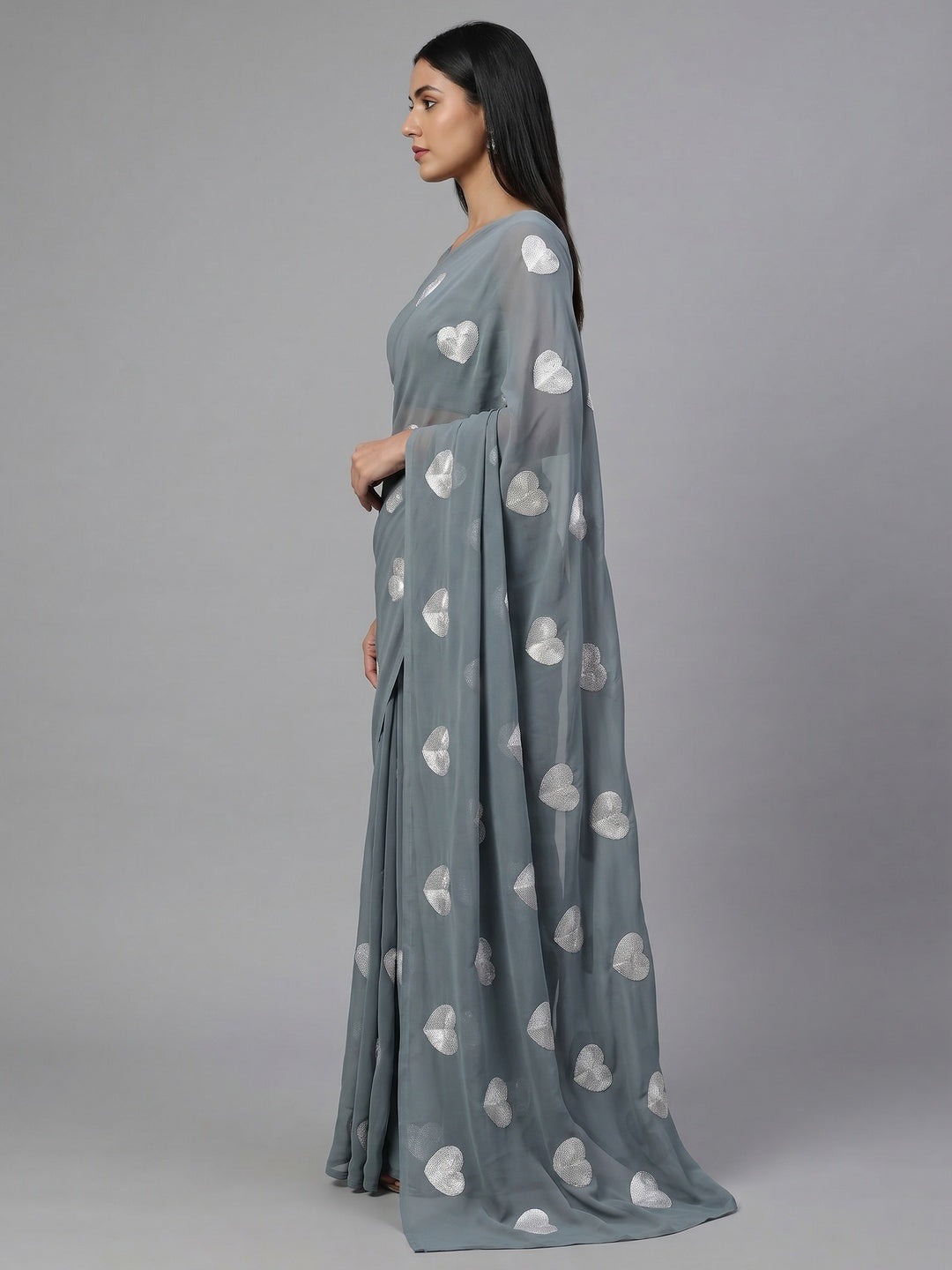 Grey Embroidered Georgette Saree - Image 3