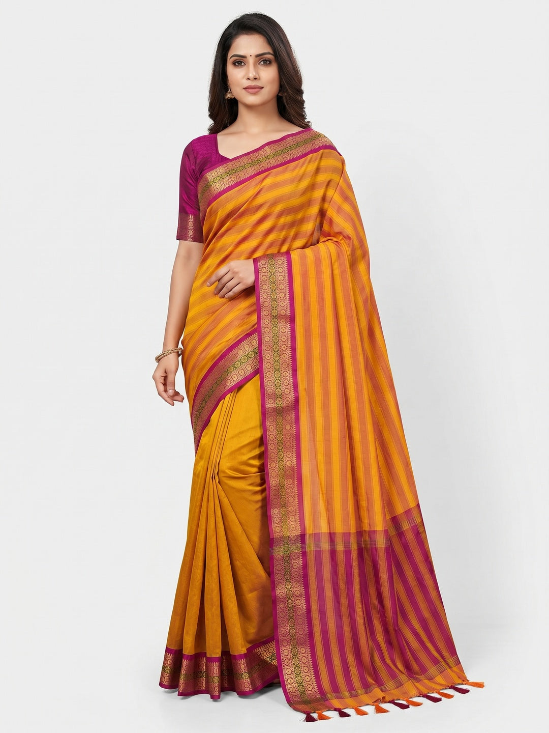 Mustard Woven Cotton Silk Saree With Tassels - Image 1
