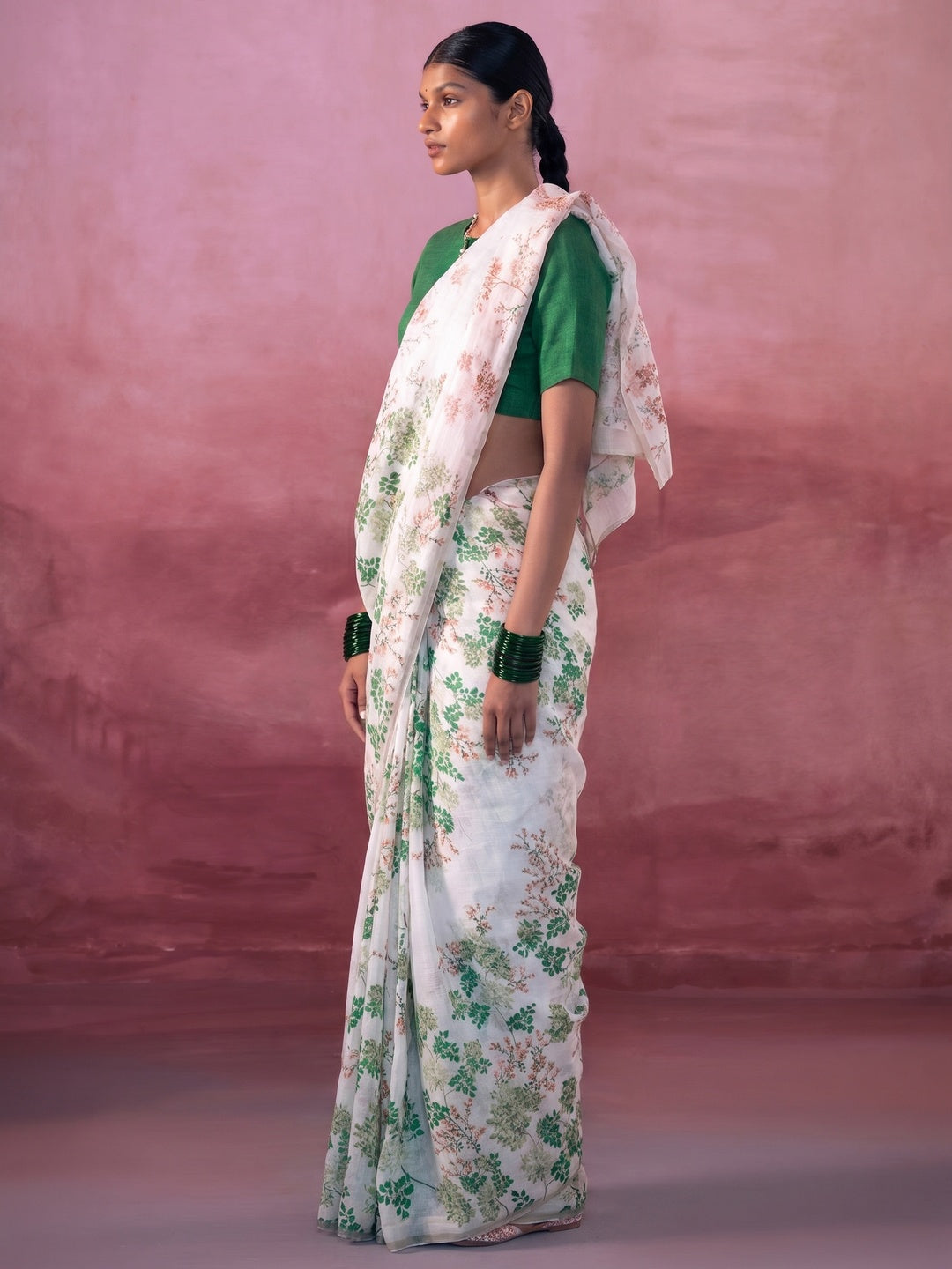 White & Green Floral Digital Printed Linen Saree with Zari Border - Image 1