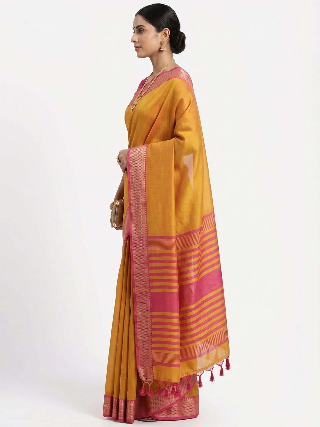 Mustard Woven Cotton Silk Saree With Tassels - Image 2