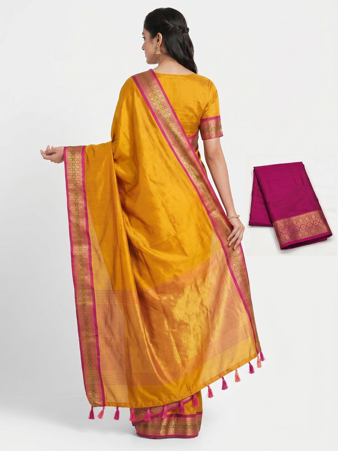 Mustard Woven Cotton Silk Saree With Tassels - Image 3