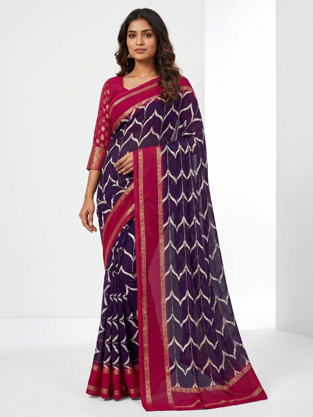 Purple Printed Georgette Saree - Image 1