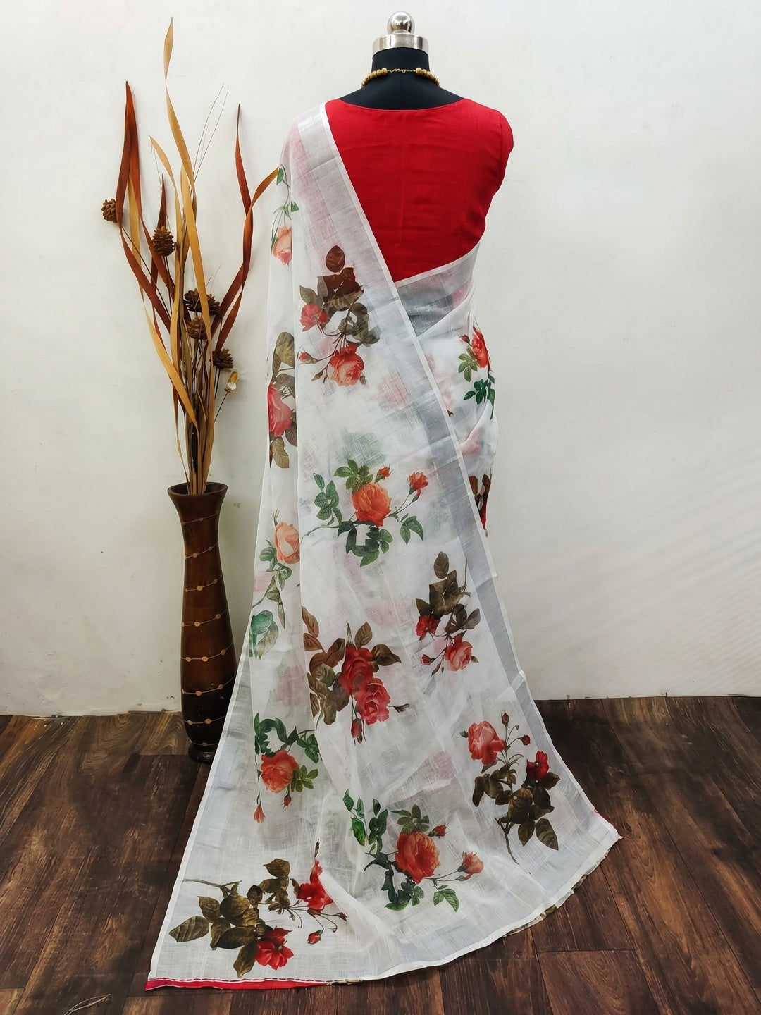 White Digital Printed Linen Saree with Zari Border - Image 2