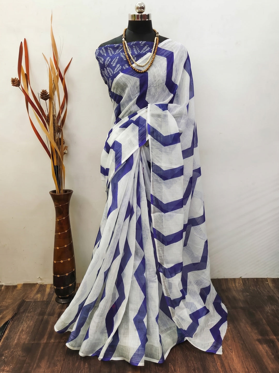 White & Blue Zig-Zag Digital Printed Linen Saree with Zari Border - Image 1