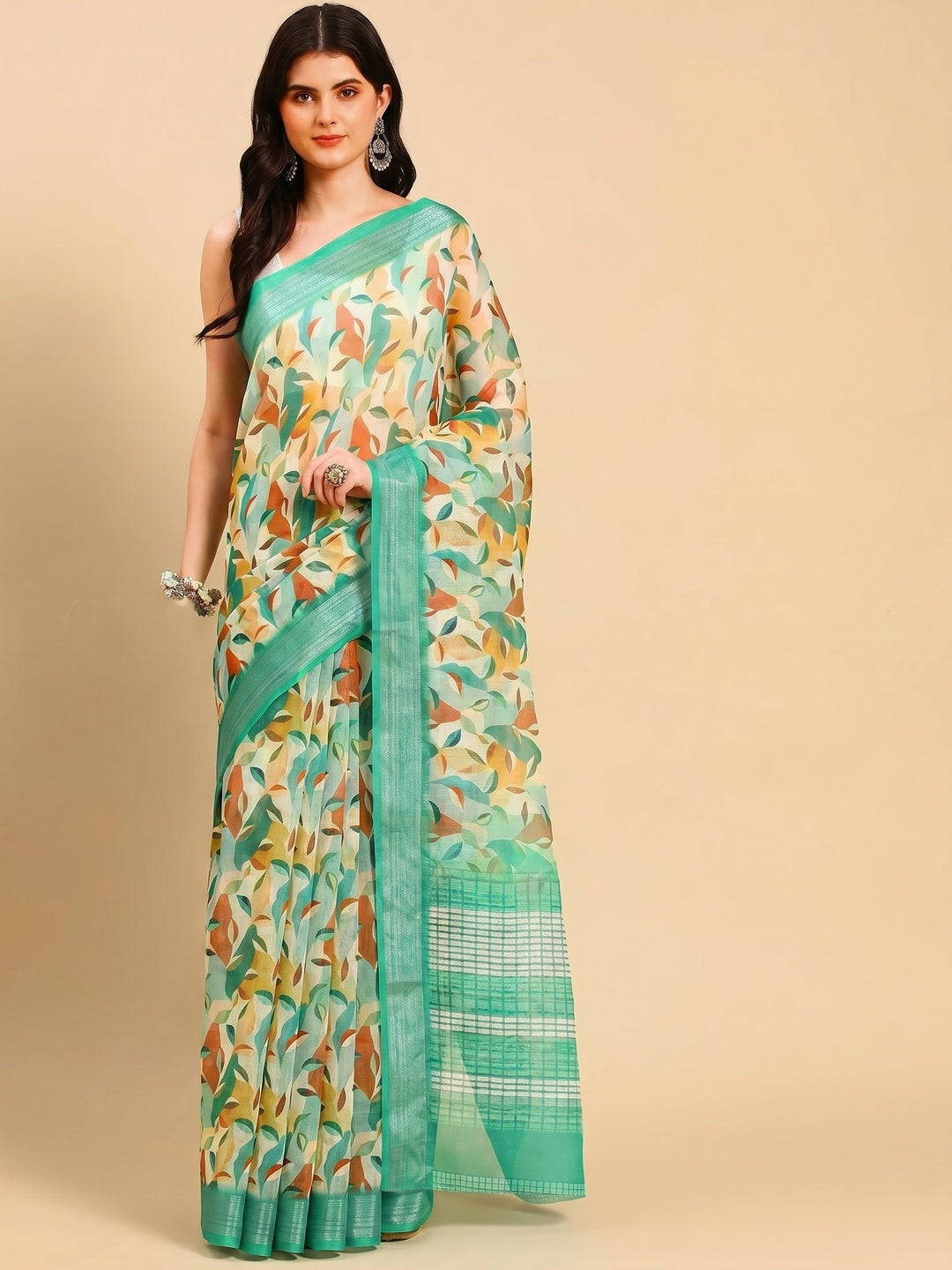 Multicolor Floral Digital Printed Linen Saree with Zari Border - Image 1