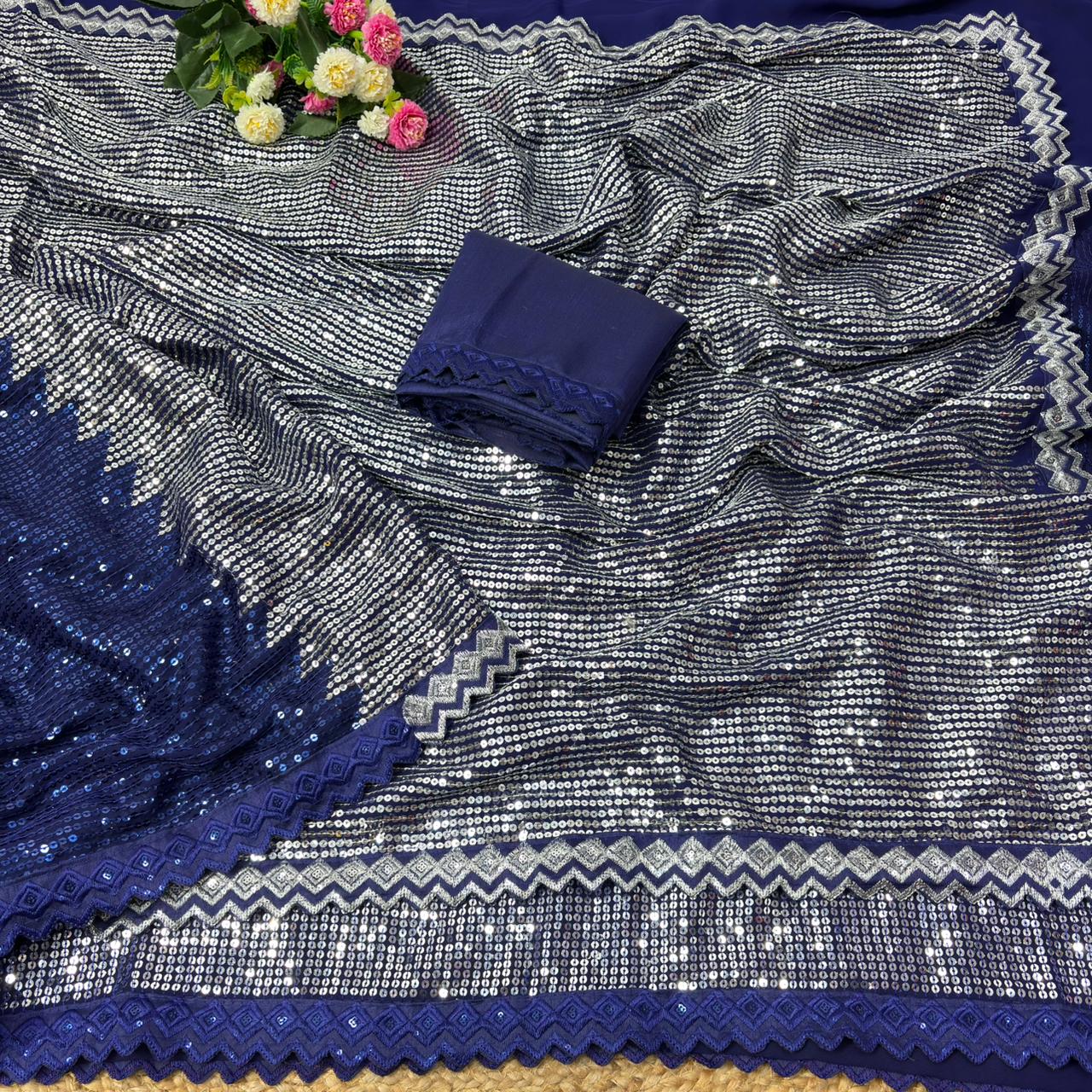 Peachmode Blue Georgette Saree with Sequins Work - Image 3