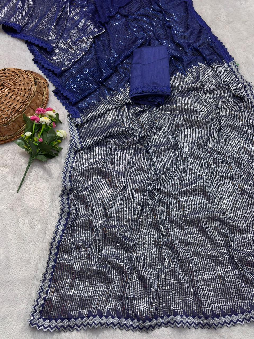 Peachmode Blue Georgette Saree with Sequins Work - Image 4