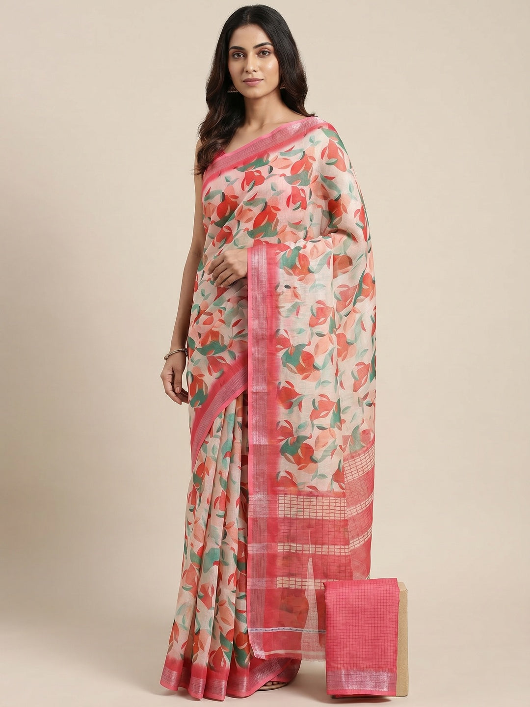 Pink Floral Digital Printed Linen Saree with Zari Border - Image 1