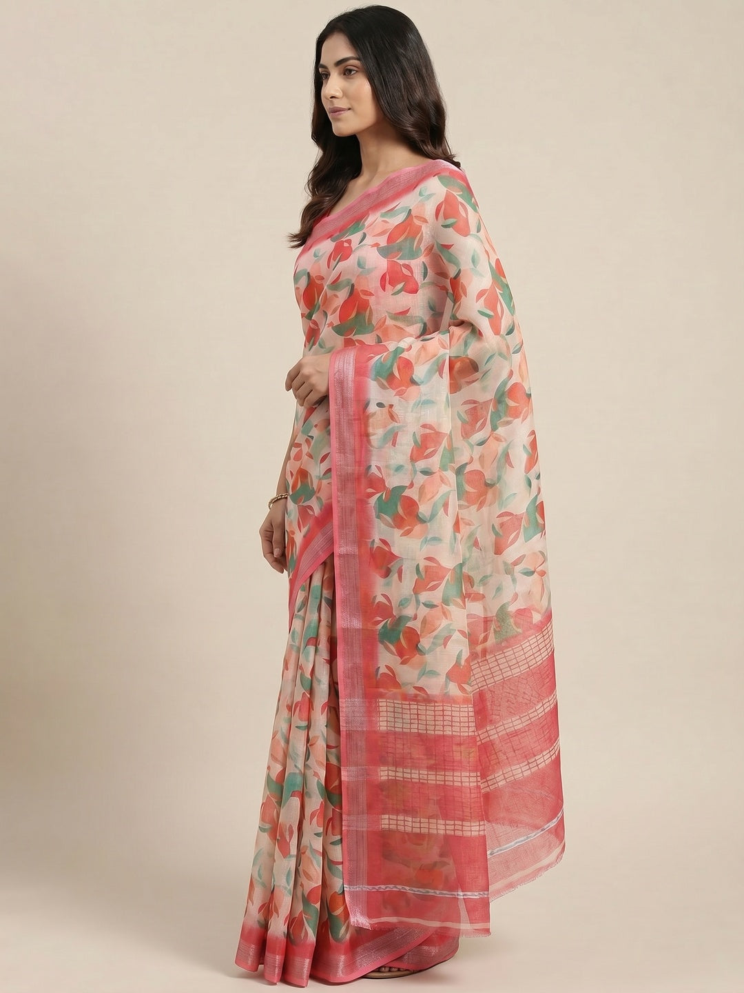 Pink Floral Digital Printed Linen Saree with Zari Border - Image 2