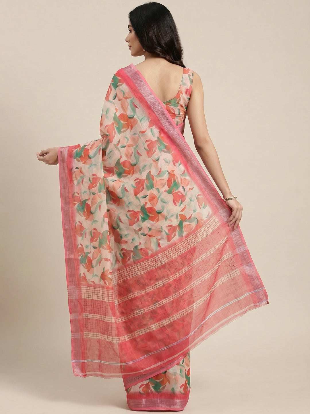 Pink Floral Digital Printed Linen Saree with Zari Border - Image 3