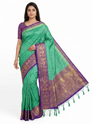 Rama Green Woven Cotton Silk Saree With Tassels - Image 1