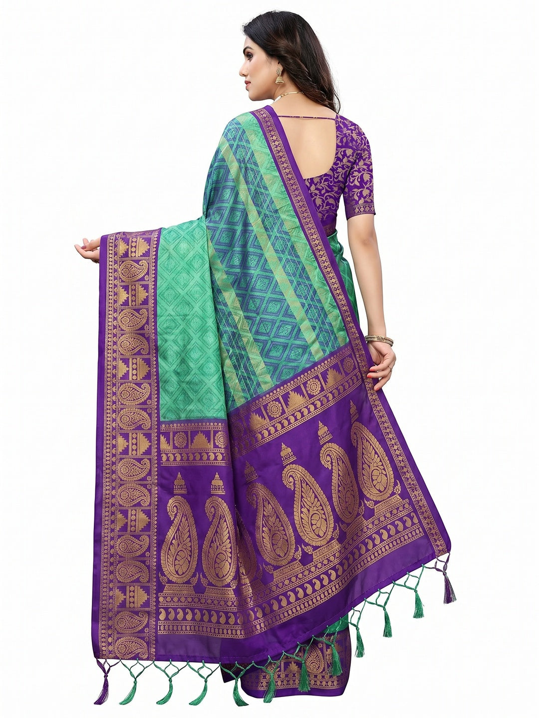 Rama Green Woven Cotton Silk Saree With Tassels - Image 4