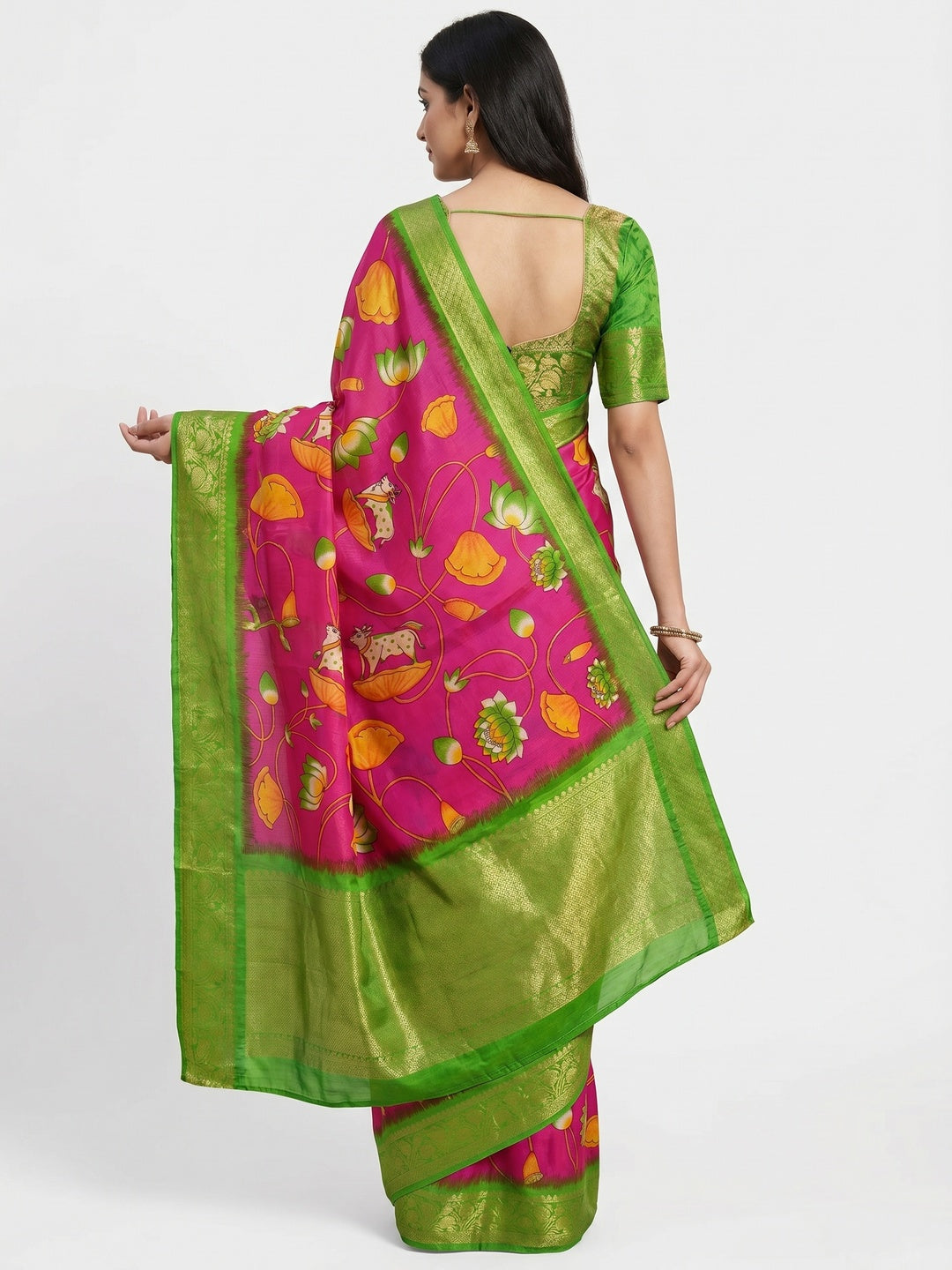 Rani Pink Floral Printed Dola Silk Saree - Image 3