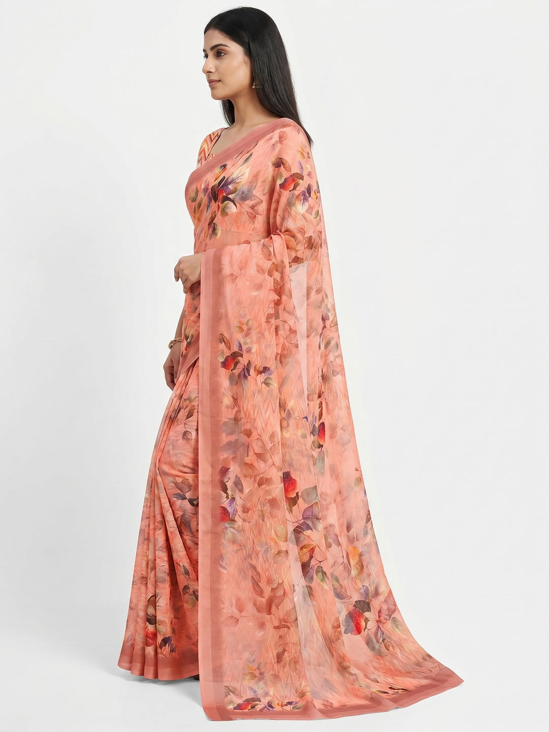 Peach Floral Digital Printed Georgette Saree - Image 3
