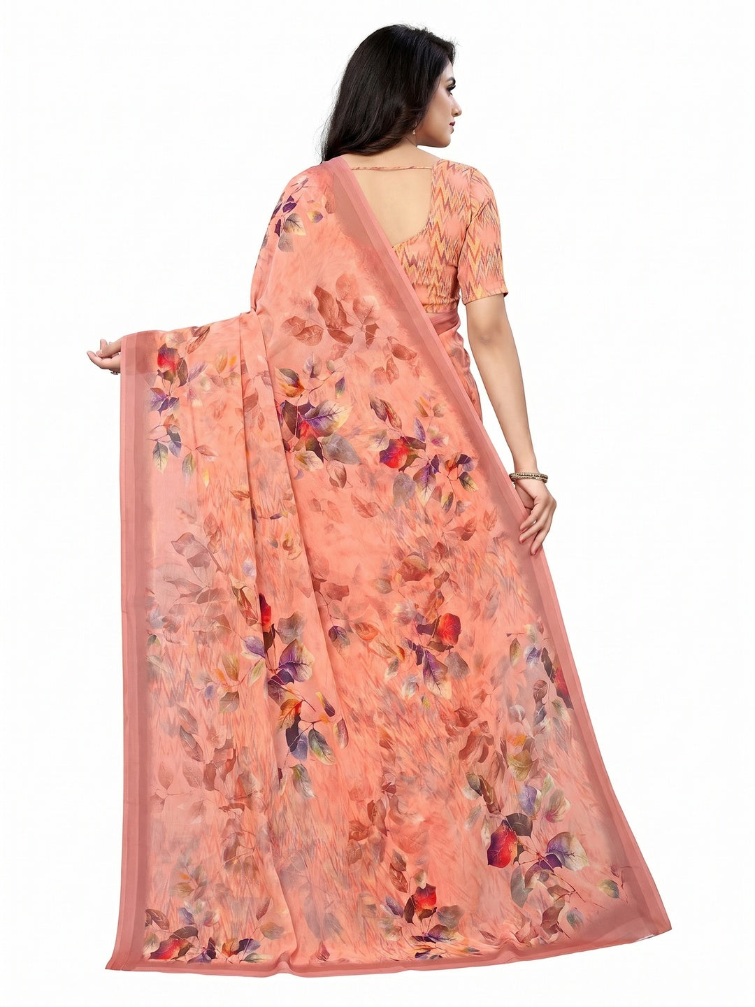 Peach Floral Digital Printed Georgette Saree - Image 2