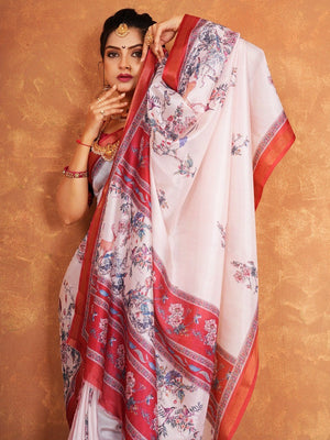 Graceful Light Peach Blossom Digital Print Dola Silk Saree with Designer Work - Image 2